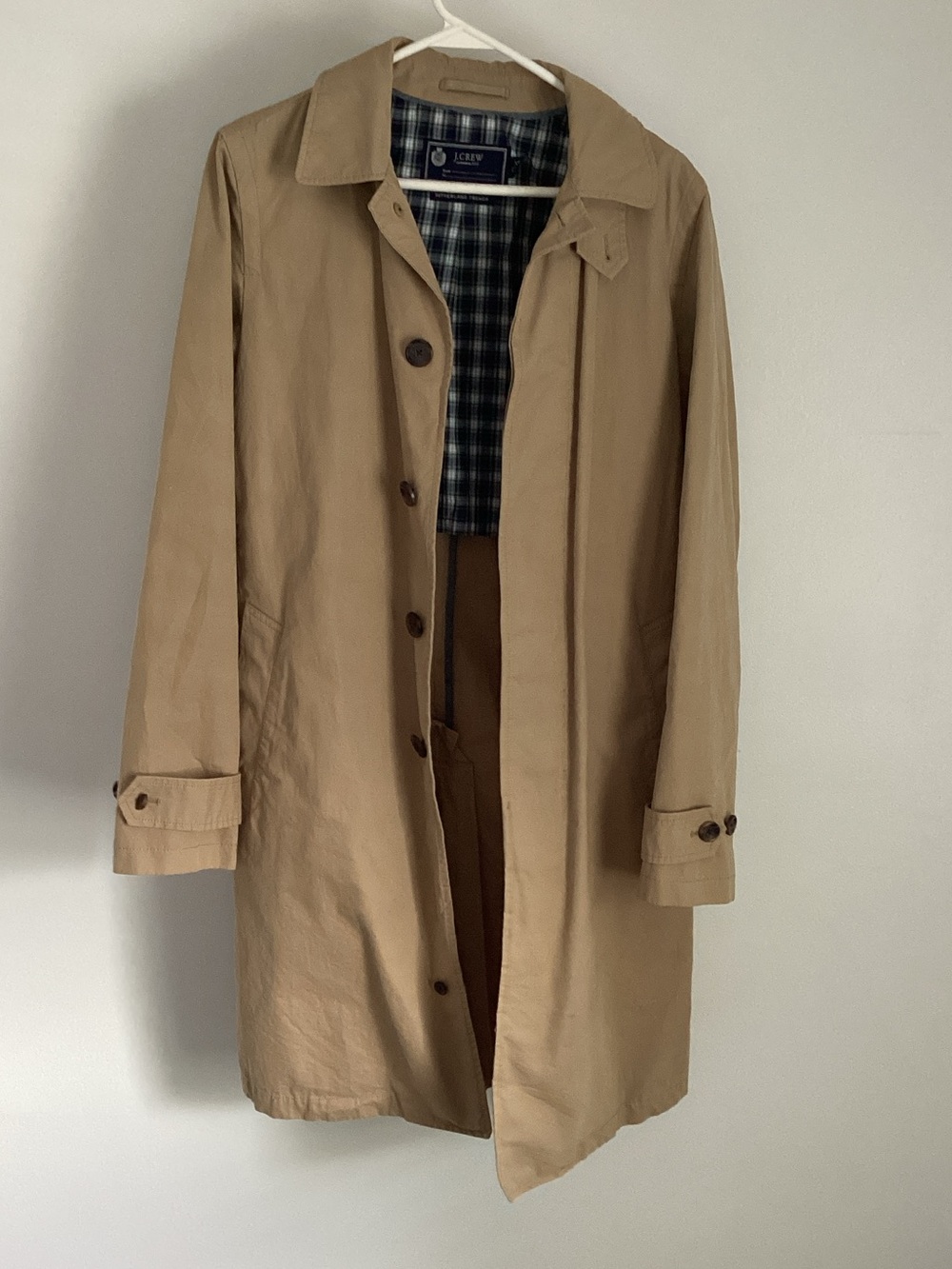 J. Crew Men’s Khaki Trench Coat with Plaid Lining